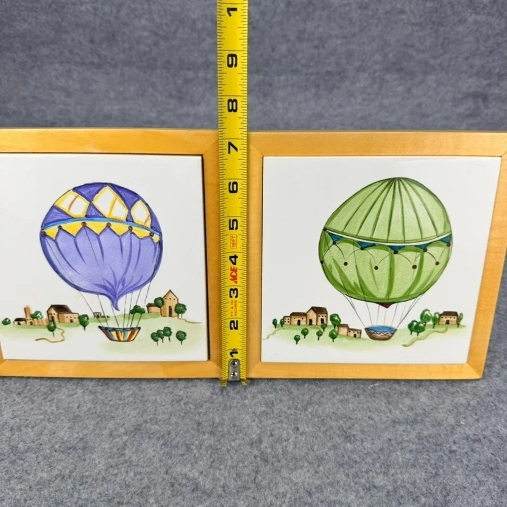 Set of 2 Framed Ceramic Tile Hot Air Balloon Wall Art Decor Green Purple 7x7